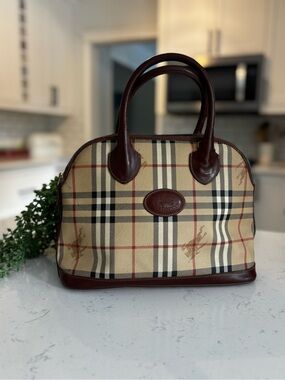 Vintage Burberrys Beige Check Satchel with Brown Leather Trim